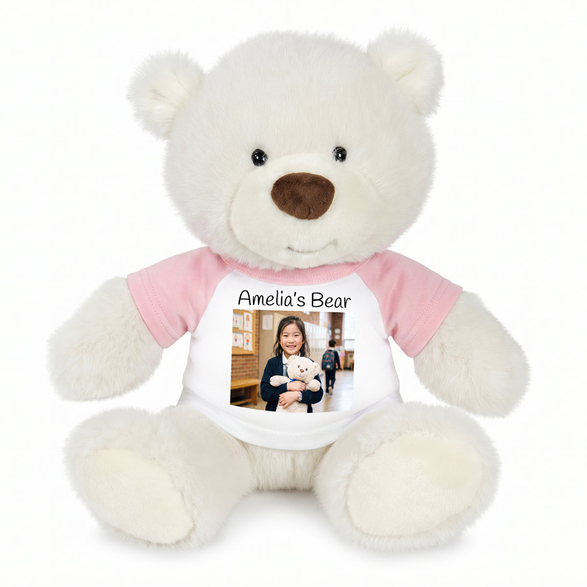 Personalized Teddy Bear - 10 inch White Nuzzles Bear with Photo & Text - Pink Shirt