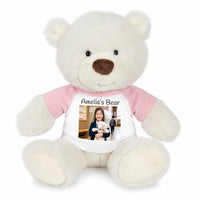 Personalized Teddy Bear - 10 inch White Nuzzles Bear with Photo & Text - Pink Shirt