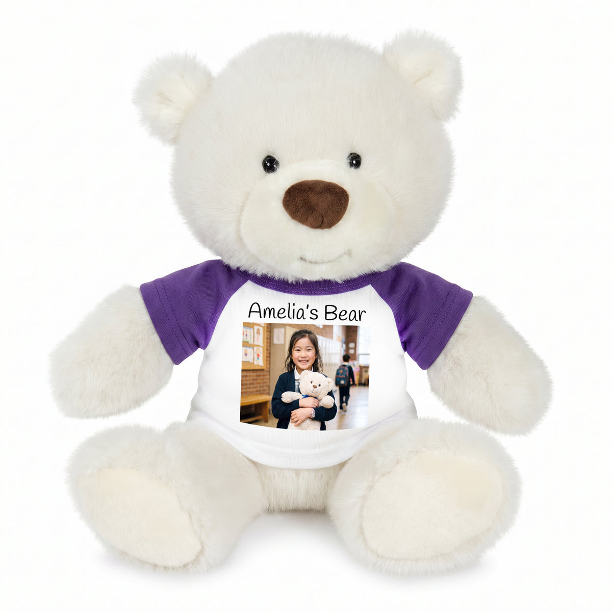 Personalized Teddy Bear - 10 inch White Nuzzles Bear with Photo & Text - Purple Shirt