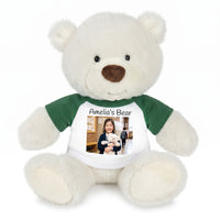 Personalized Teddy Bear - 10 inch White Nuzzles Bear with Photo & Text - Green Shirt