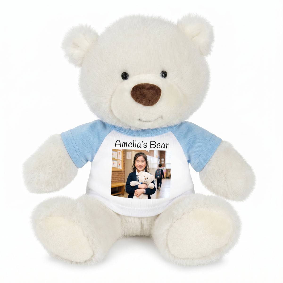 Personalized Teddy Bear - 10 inch White Nuzzles Bear with Photo & Text - Light Blue Shirt