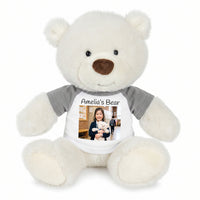 Personalized Teddy Bear - 10 inch White Nuzzles Bear with Photo & Text - Grey Shirt