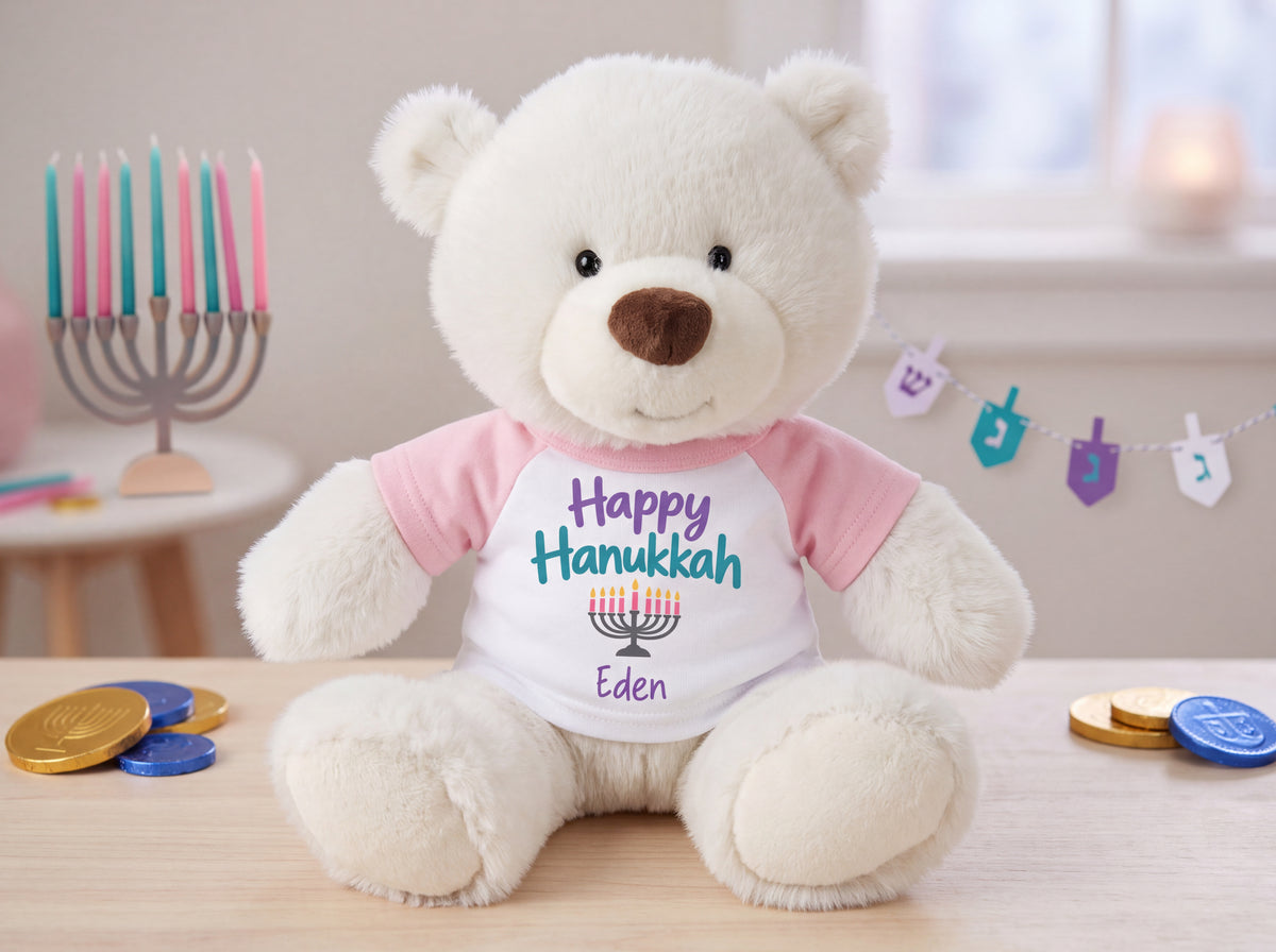 Personalized Hanukkah Teddy Bear - 10 Inch White Nuzzles Bear - Customizable Hanukkah Gift