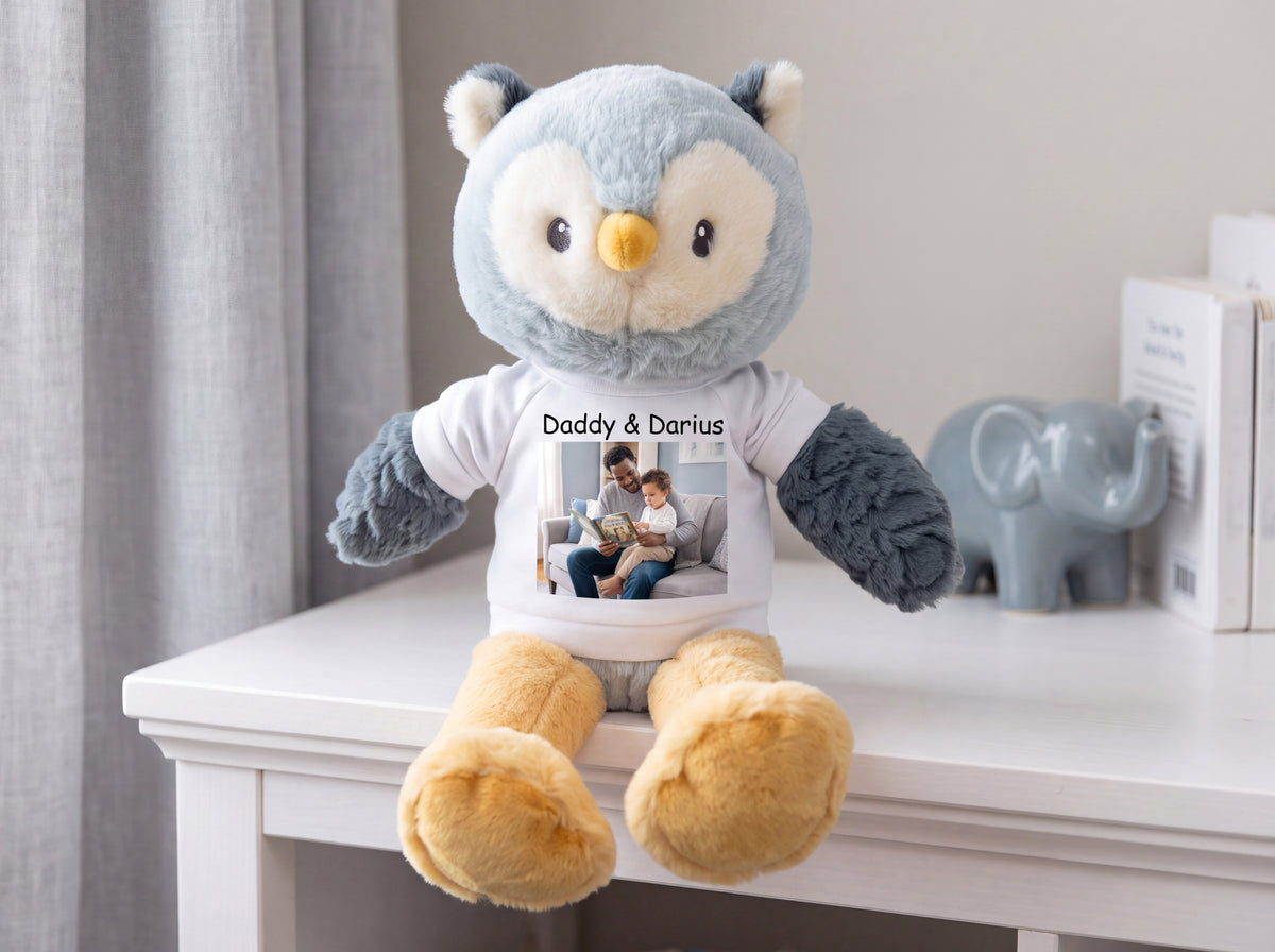 Personalized Stuffed Owl - 12 Inch Ollie Owl with your custom Photo & Text