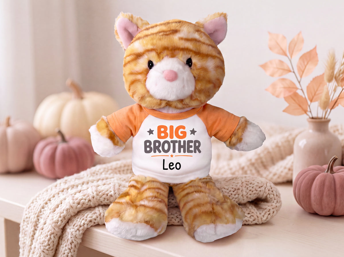 Personalized Big Brother Stuffed Cat - 12 Inch Plush Tabby Cat - Choose Shirt and Design color and add any name
