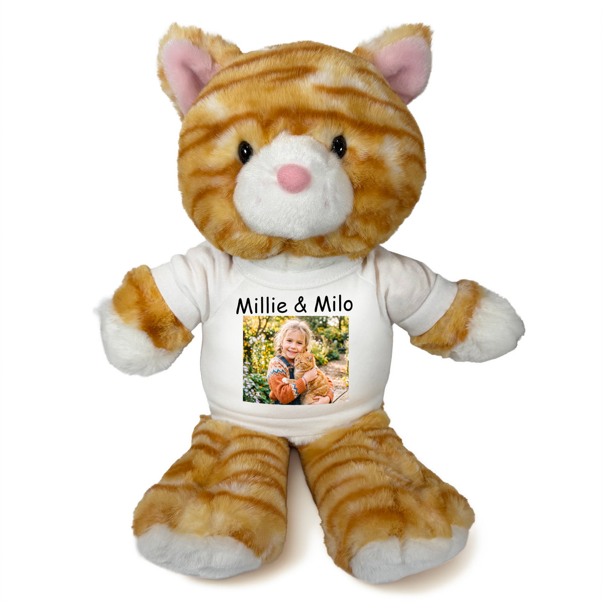 Personalized Stuffed Cat - 12 Inch Tumbletoes Orange Tabby Cat with Photo and/or Text - White Shirt