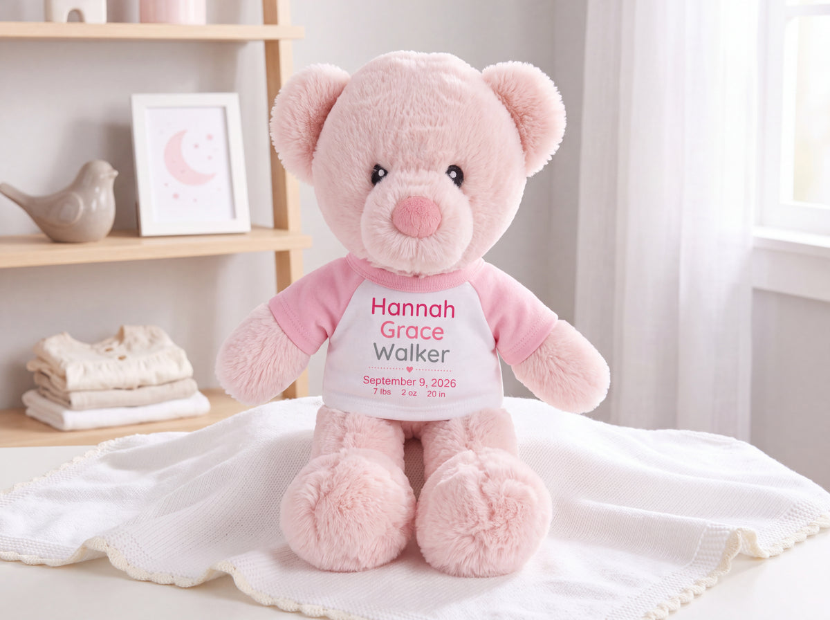 Personalized Teddy Bear for Baby Girl - 11" Pink Baby Bear - Customized gift for new baby