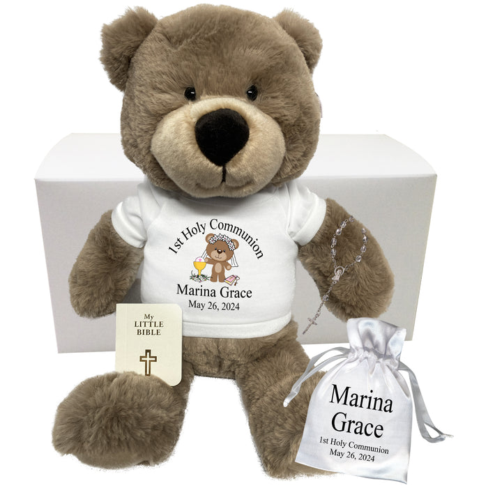 Personalized 1st Communion Teddy Bear Gift Set - 14" Taupe Bear