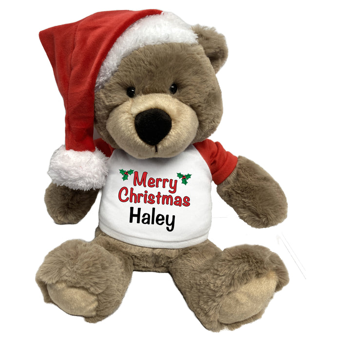Personalized Christmas Teddy Bear - 14" Taupe Bear with Santa Hat - Holly design