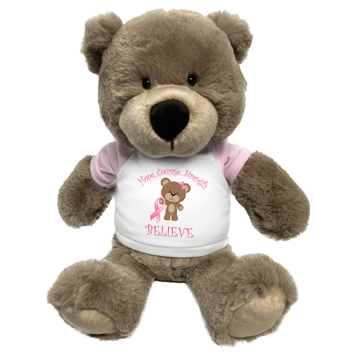 Breast Cancer Support Teddy Bear - Personalized 14 Inch Taupe Bear, Believe Design