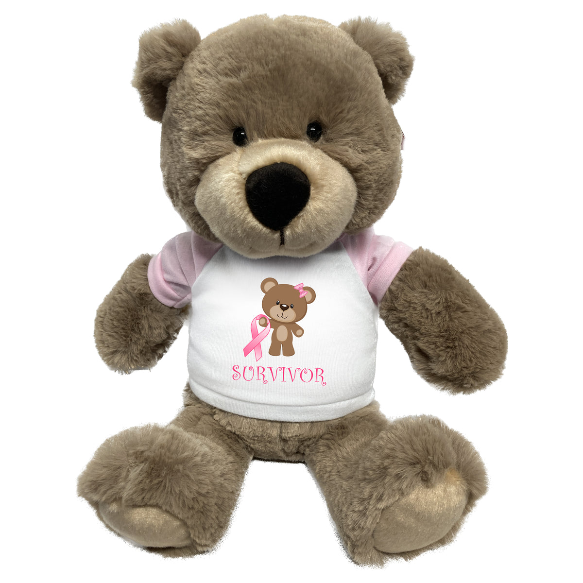 Breast Cancer Support Teddy Bear - Personalized 14 Inch Taupe Bear, Survivor Design