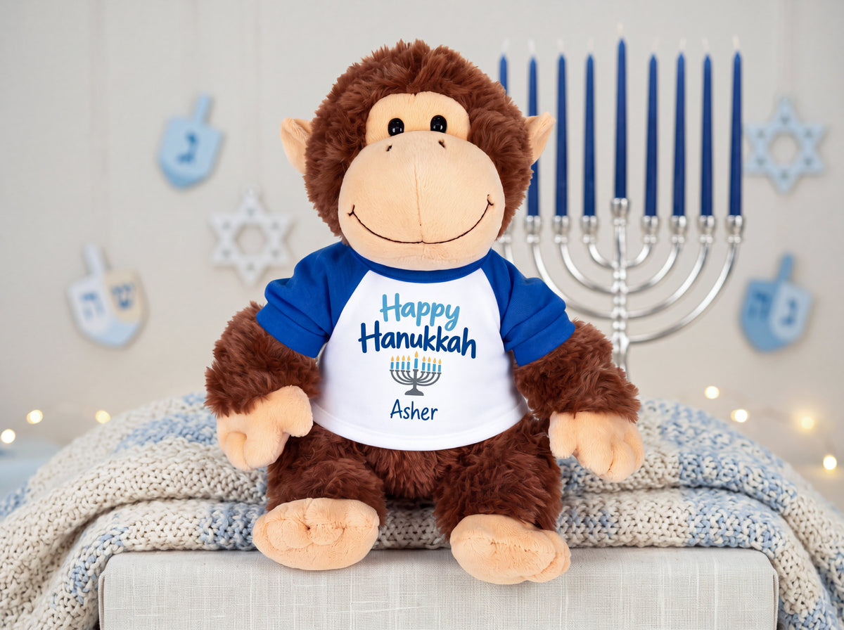 Personalized Hanukkah Stuffed Monkey - 12 Inch Plush Tubbie Wubbies Chimp - customized Hanukkah gift
