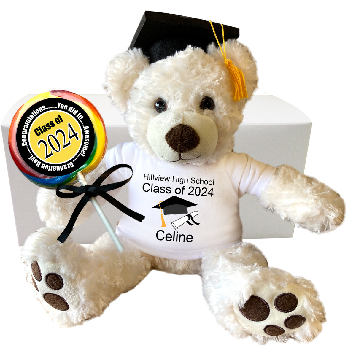 Personalized Graduation Teddy Bear Gift Set - 13" Vera Bear, Pearly White