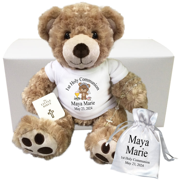 Personalized 1st Communion Teddy Bear Gift Set - 13" Honey Vera Bear