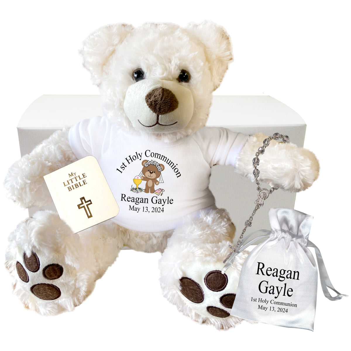 Personalized 1st Communion Teddy Bear Gift Set - 13" Vera Bear, Pearly White
