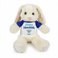 Personalized Hanukkah Bunny - 13 Inch Plush White Rabbit - Happy Hanukkah Design - Royal Blue Shirt with Blue Design