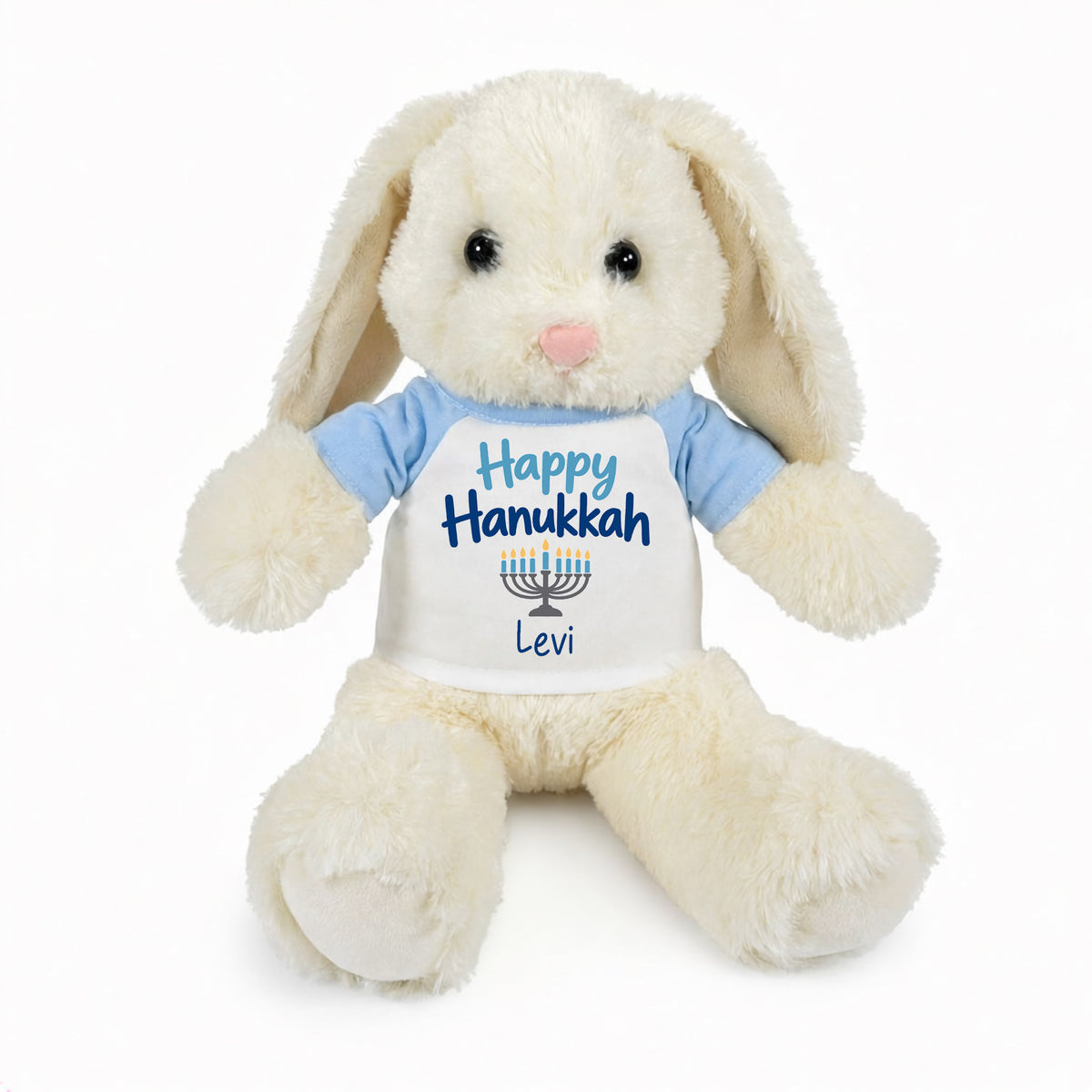 Personalized Hanukkah Bunny - 13 Inch Plush White Rabbit - Happy Hanukkah Design - Light Blue Shirt with Blue Design