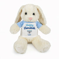 Personalized Hanukkah Bunny - 13 Inch Plush White Rabbit - Happy Hanukkah Design - Light Blue Shirt with Blue Design