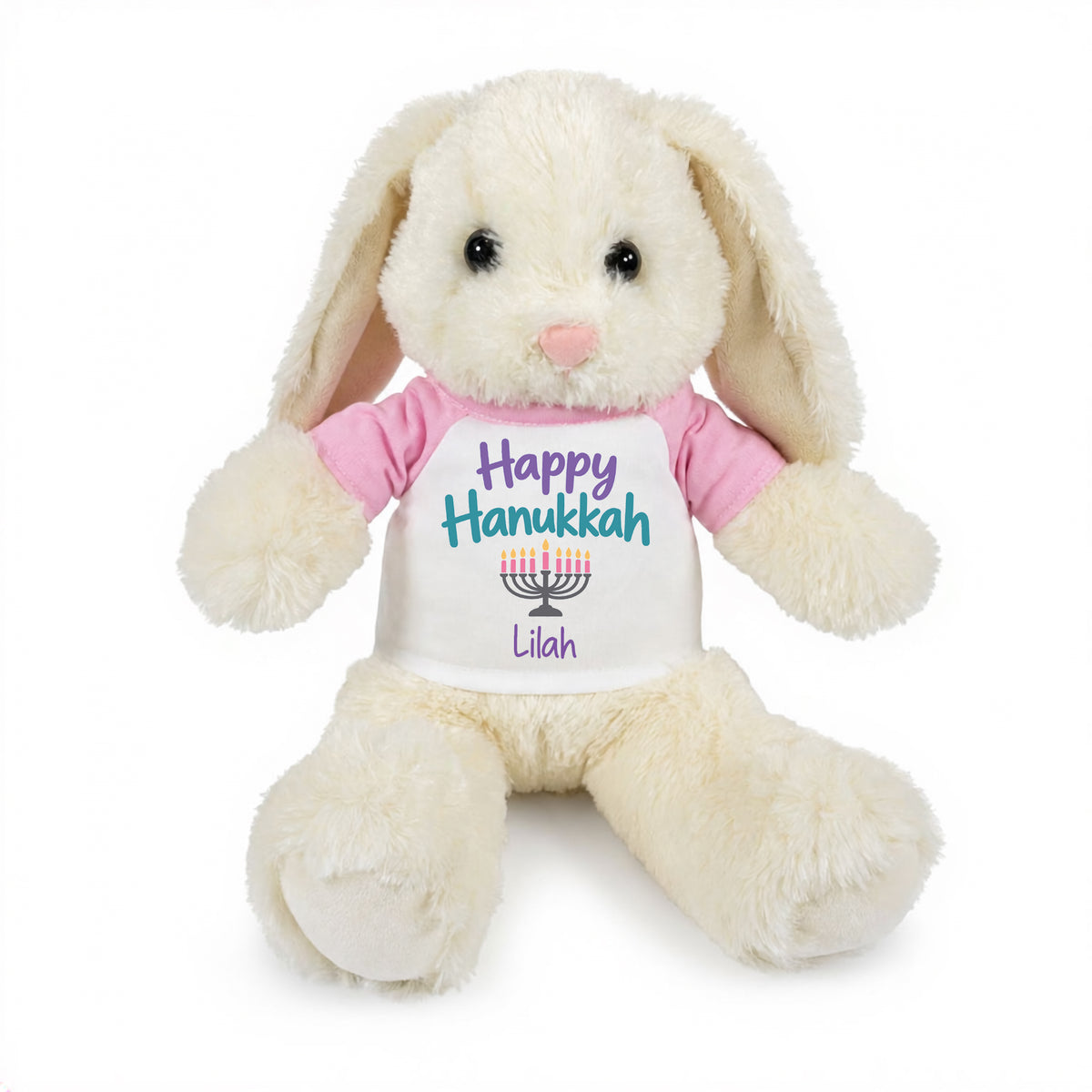 Personalized Hanukkah Bunny - 13 Inch Plush White Rabbit - Happy Hanukkah Design - Pink shirt with Pastel Design