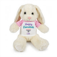 Personalized Hanukkah Bunny - 13 Inch Plush White Rabbit - Happy Hanukkah Design - Pink shirt with Pastel Design