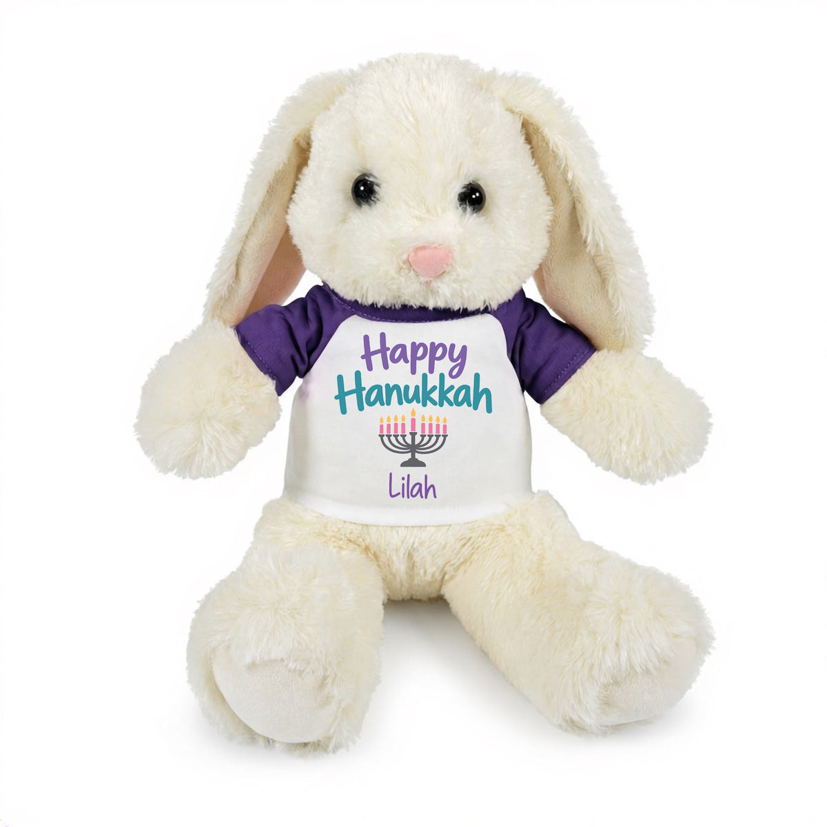 Personalized Hanukkah Bunny - 13 Inch Plush White Rabbit - Happy Hanukkah Design - Purple Shirt with Pastel Design