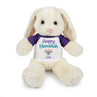 Personalized Hanukkah Bunny - 13 Inch Plush White Rabbit - Happy Hanukkah Design - Purple Shirt with Pastel Design
