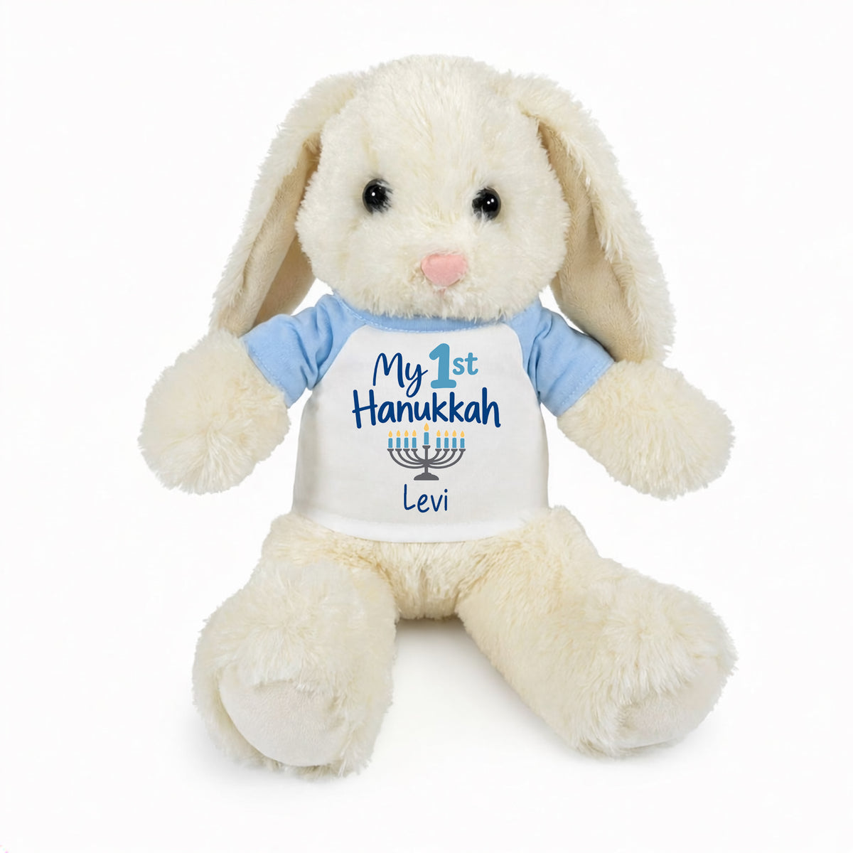 Personalized Hanukkah Bunny - 13 Inch Plush White Rabbit - My 1st Hanukkah Design  - Light Blue Shirt, Blue Design