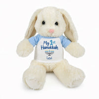 Personalized Hanukkah Bunny - 13 Inch Plush White Rabbit - My 1st Hanukkah Design  - Light Blue Shirt, Blue Design