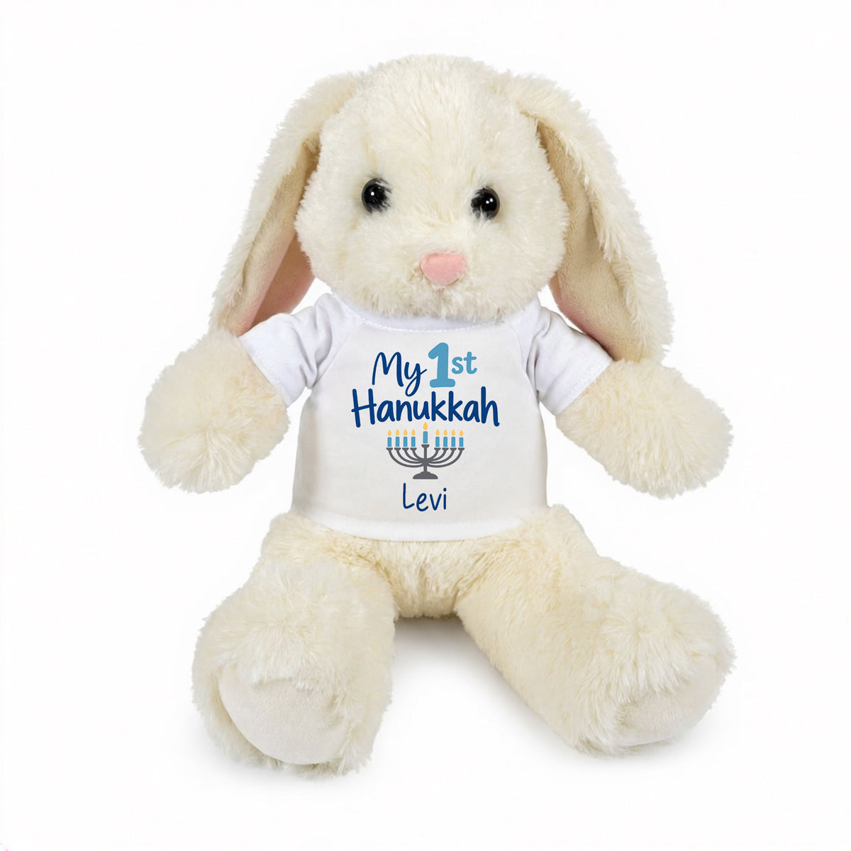Personalized Hanukkah Bunny - 13 Inch Plush White Rabbit - My 1st Hanukkah Design  - White Shirt, Blue Design