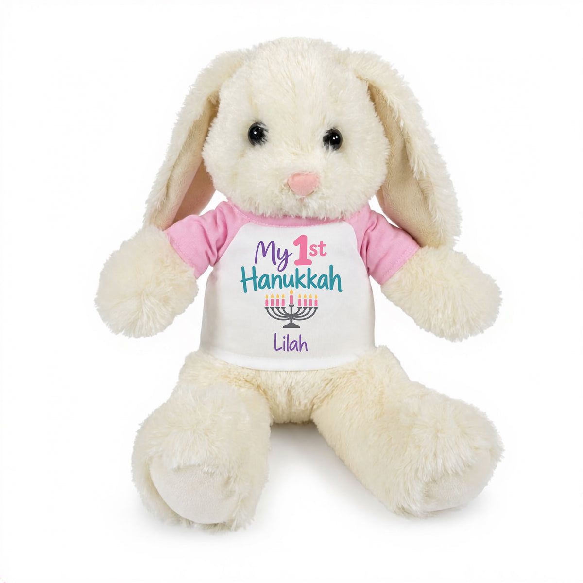 Personalized Hanukkah Bunny - 13 Inch Plush White Rabbit - My 1st Hanukkah Design  - Pink Shirt, Pastel Design