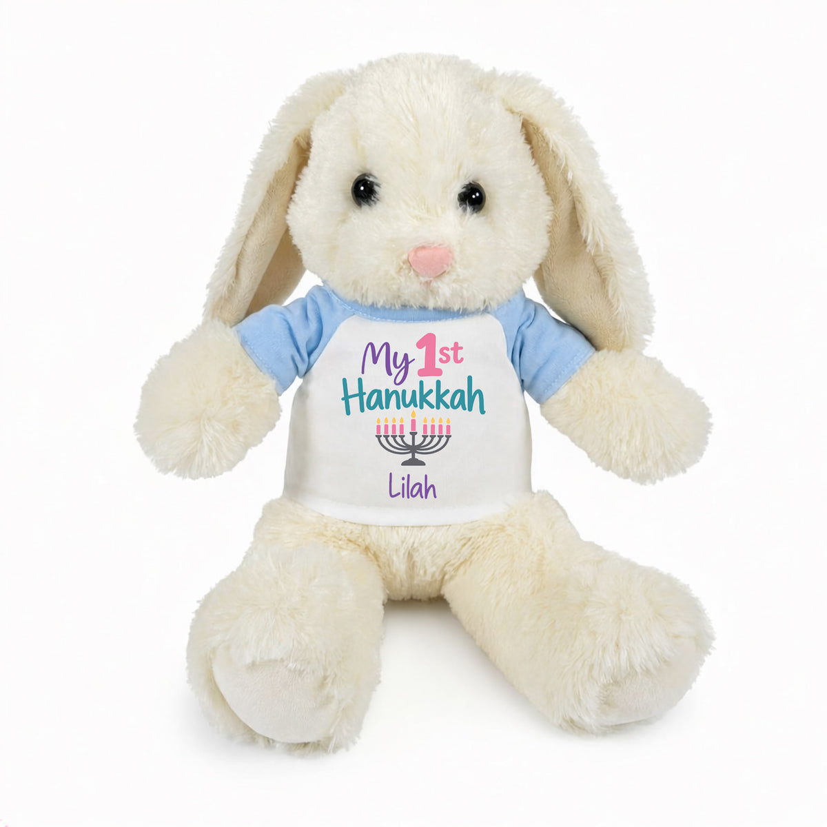 Personalized Hanukkah Bunny - 13 Inch Plush White Rabbit - My 1st Hanukkah Design  - Light Blue Shirt, Pastel Design