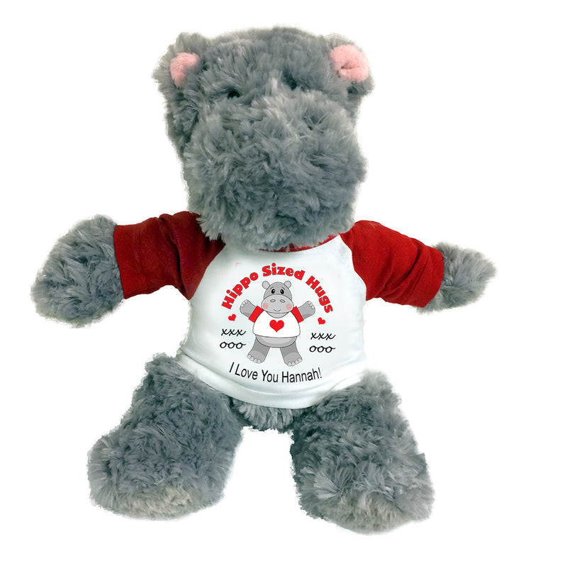 Hippo Sized Hugs  -  Personalized 12" Stuffed Hippopotamus for Valentines or Love - Red