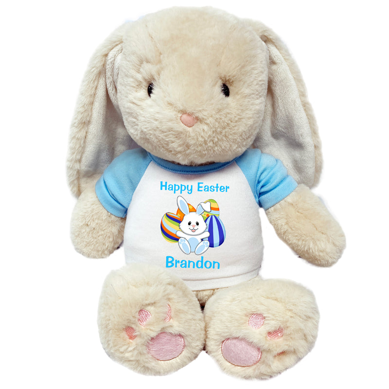 Personalized Easter Bunny - 14" Plush Creme Brulee Bunny Rabbit with Easter Egg Design - light blue shirt