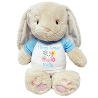 Personalized Easter Bunny - 14" Plush Creme Brulee Bunny Rabbit with Flower Design - Light Blue Shirt