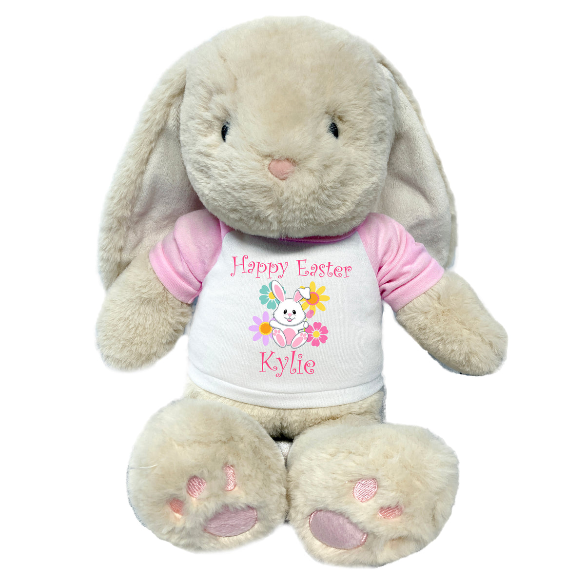 Personalized Easter Bunny - 14" Plush Creme Brulee Bunny Rabbit with Flower Design - Pink Shirt