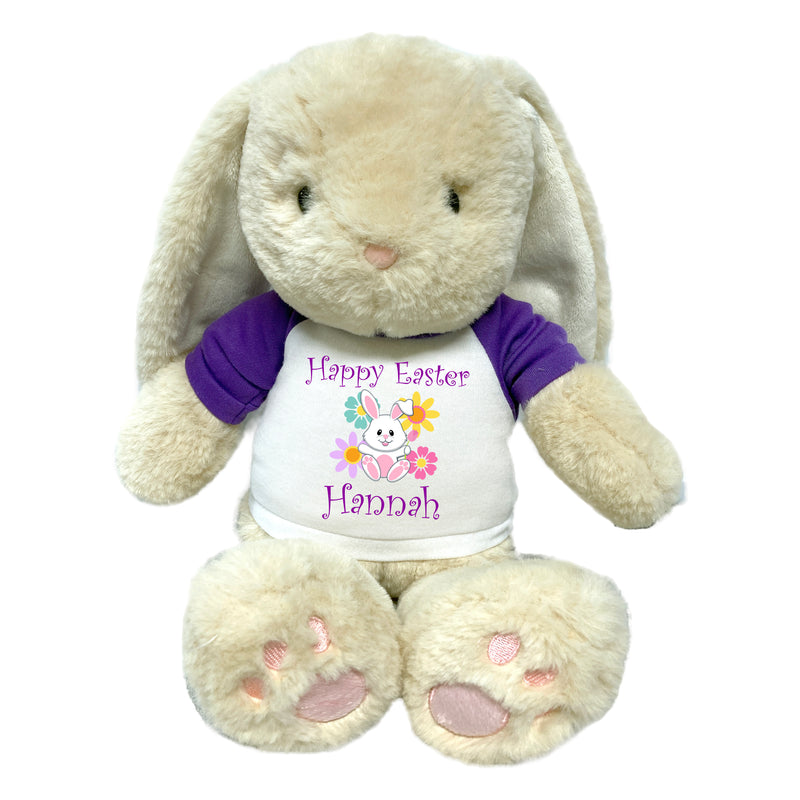 Personalized Easter Bunny - 14" Plush Creme Brulee Bunny Rabbit with Flower Design - Purple Shirt