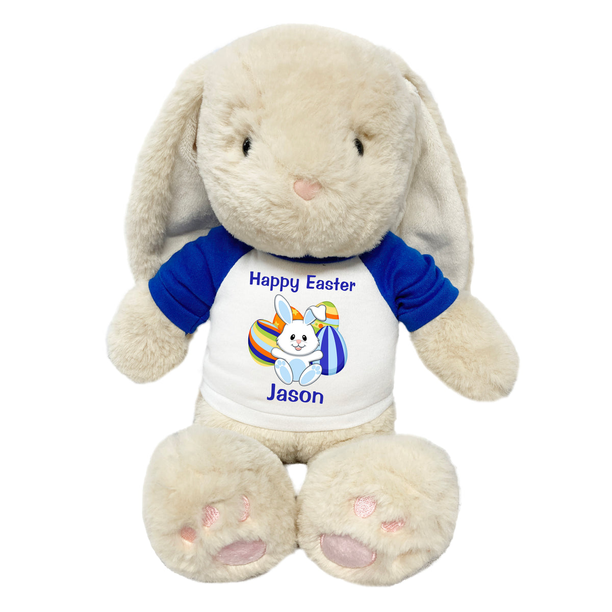 Personalized Easter Bunny - 14" Plush Creme Brulee Bunny Rabbit with Easter Egg Design - Royal shirt