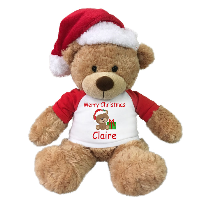 Personalized Christmas Teddy Bear - 14" Tan Bonny Bear with Santa Hat