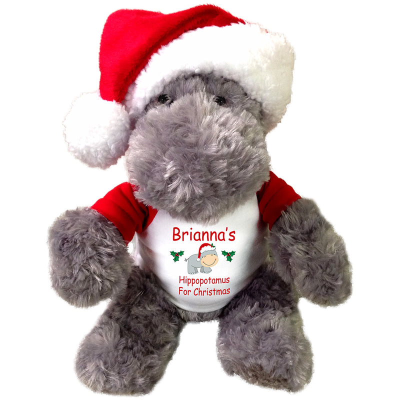 Hippo for Christmas - 12" Personalized Stuffed Hippopotamus with Santa Hat