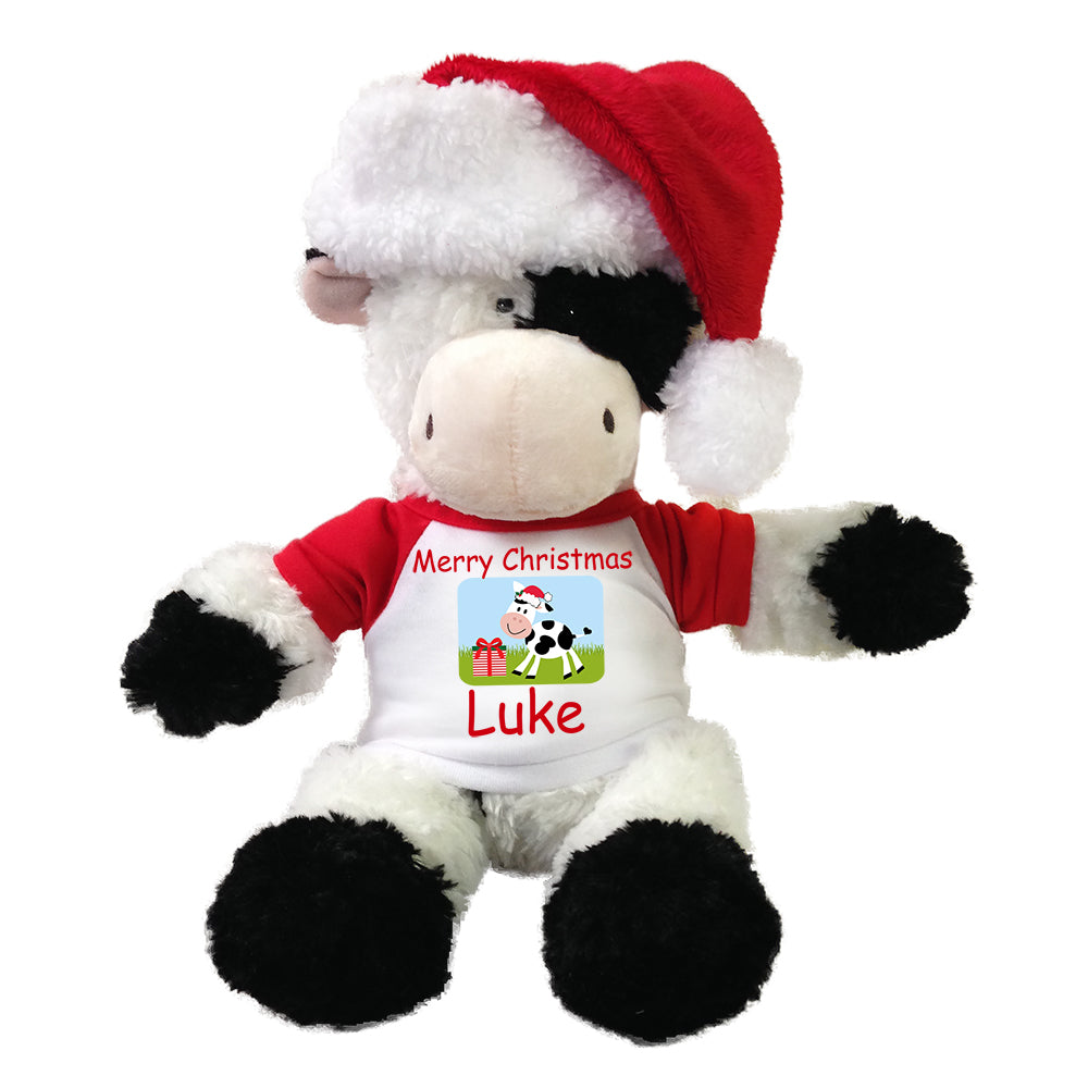 Personalized Christmas Cow - 12 Inch Tubbie Wubbie Cow with Santa Hat