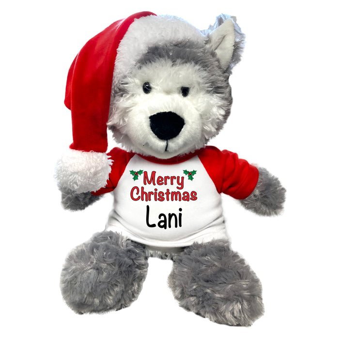 Personalized Wolf / Husky Dog- 12" Plush with Santa Hat