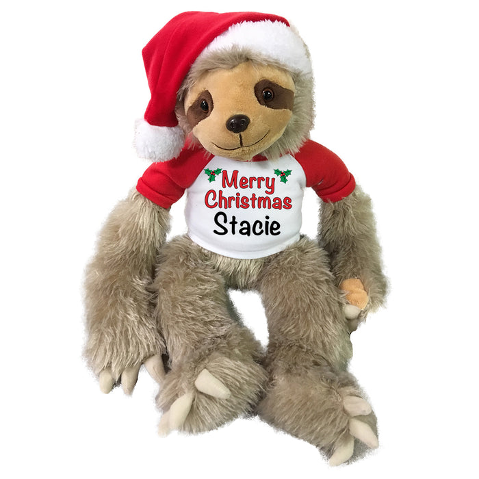 Personalized Christmas Sloth - 18 Inch Tan Sloth with Santa Hat