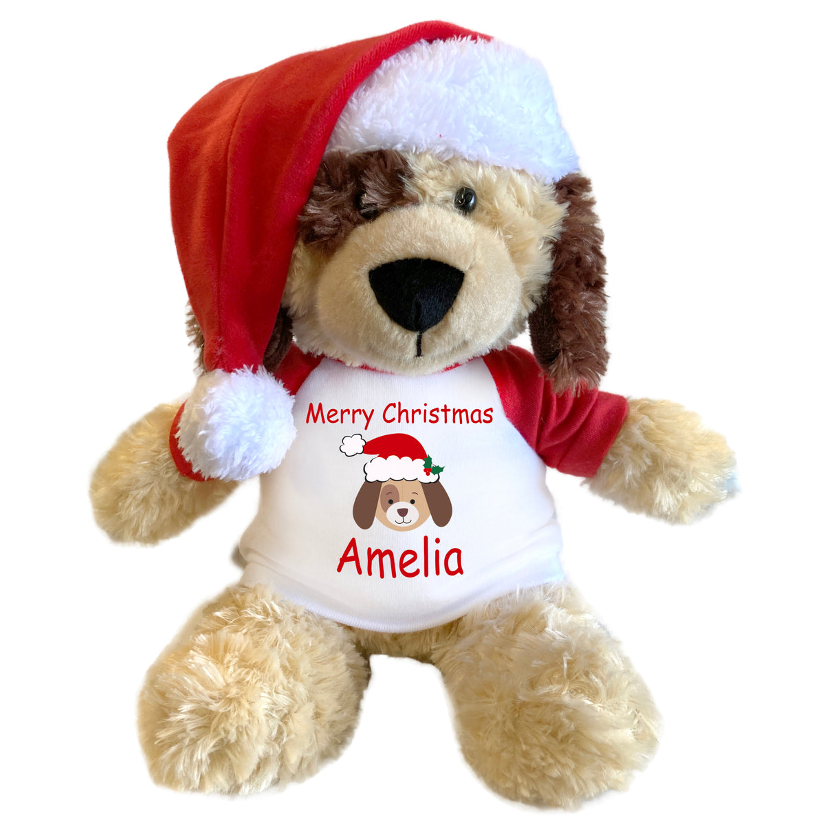 Personalized Christmas Spotty Dog  - 12" Plush with Santa Hat