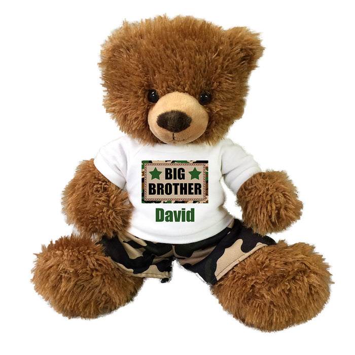 Big Brother Teddy Bear - Personalized 14" Brown Tummy Bear with Camo Pants