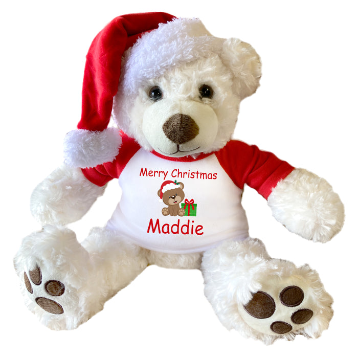 Personalized Christmas Teddy Bear - 13" Pearly White Vera Bear with Santa Hat